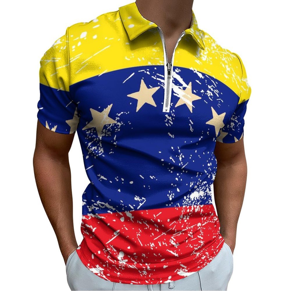 Venezuela Retro Flag Men's Short Sleeve Polo Shirts Casual Zippered Golf Shirt Slim Fit T-Shirt Tops