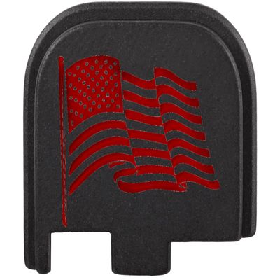 NDZ Performance Slide Cover Back Plate for Glock 43 43X 48 9mm, Black Aluminum with Red Laser Engraved US Flag Images - US Flag Wave 2