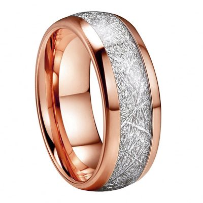 8 mm Men Women Gold Rose Gold Tungsten Wedding Ring Polished Shiny Meteorite Inlay Dome Engagement Ring with Comfort Fit