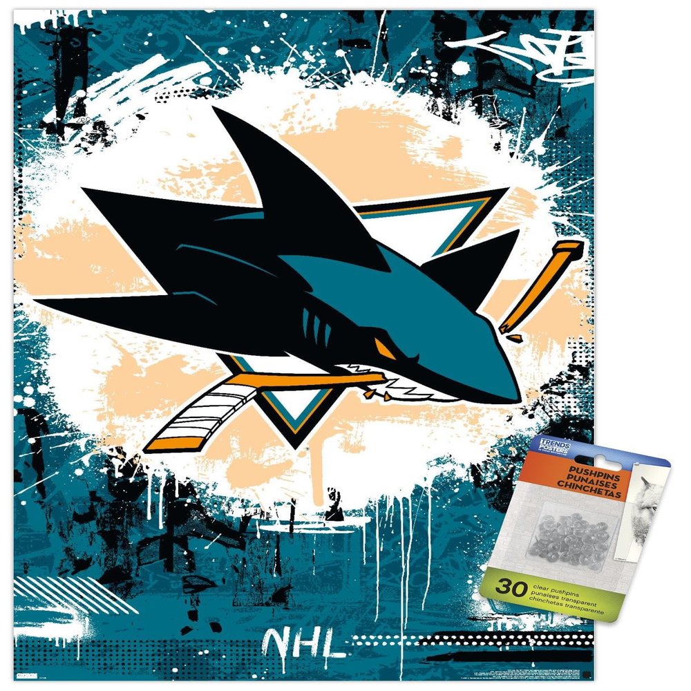 Trends International NHL San Jose Sharks - Maximalist Logo 23 Wall Poster, 14.72" x 22.37", Premium Poster & Push Pin Bundle