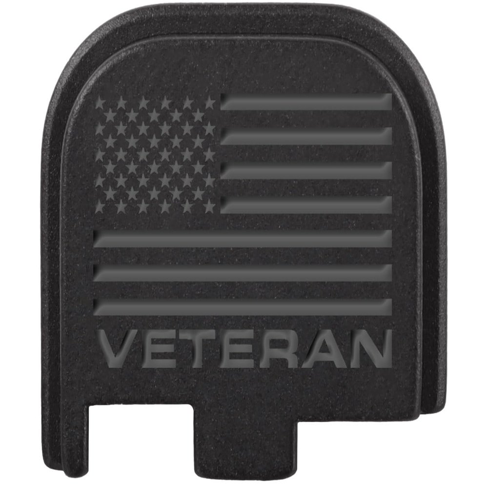 NDZ Performance Slide Cover Back Plate for Glock 43 43X 48 9mm, Black Aluminum with Silver Laser Engraved US Flag Images - US Flag Veteran Text