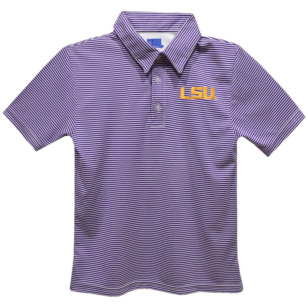 LSU Polo Shirts for Boys 100% Polyester - Embroidered Stripes Short Sleeve Polo Boys Shirt Purple Stripes Short Sleeve Polo Boys Shirt