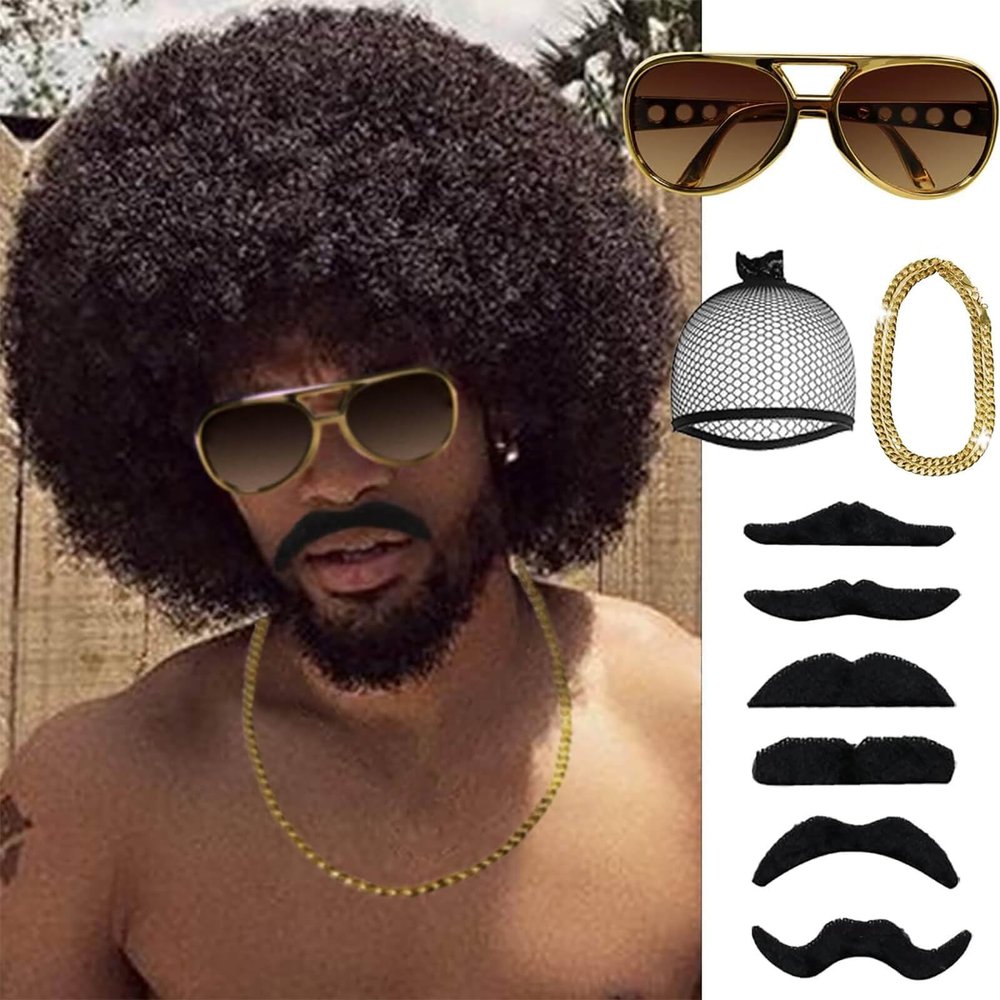 BECUS Curly Wigs Afro Men Wigs for Men Black Wig Soft Short Curly Synthetic Afro Wig Huge for Halloween Party Costume Party Cosplay(5Pcs)