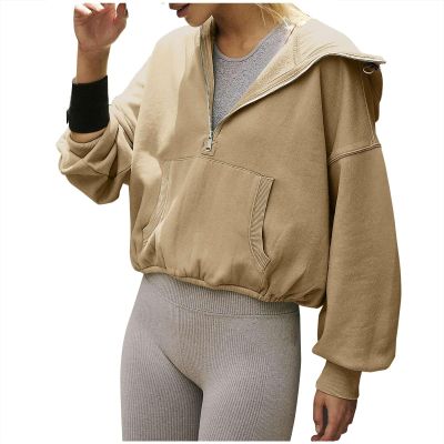 Women Fashion Half Zip Sweatshirts Cropped Hoodies Fleece Pullover Quarter Zip Workout Y2k Teen Girls Casual Tops 2023 Khaki