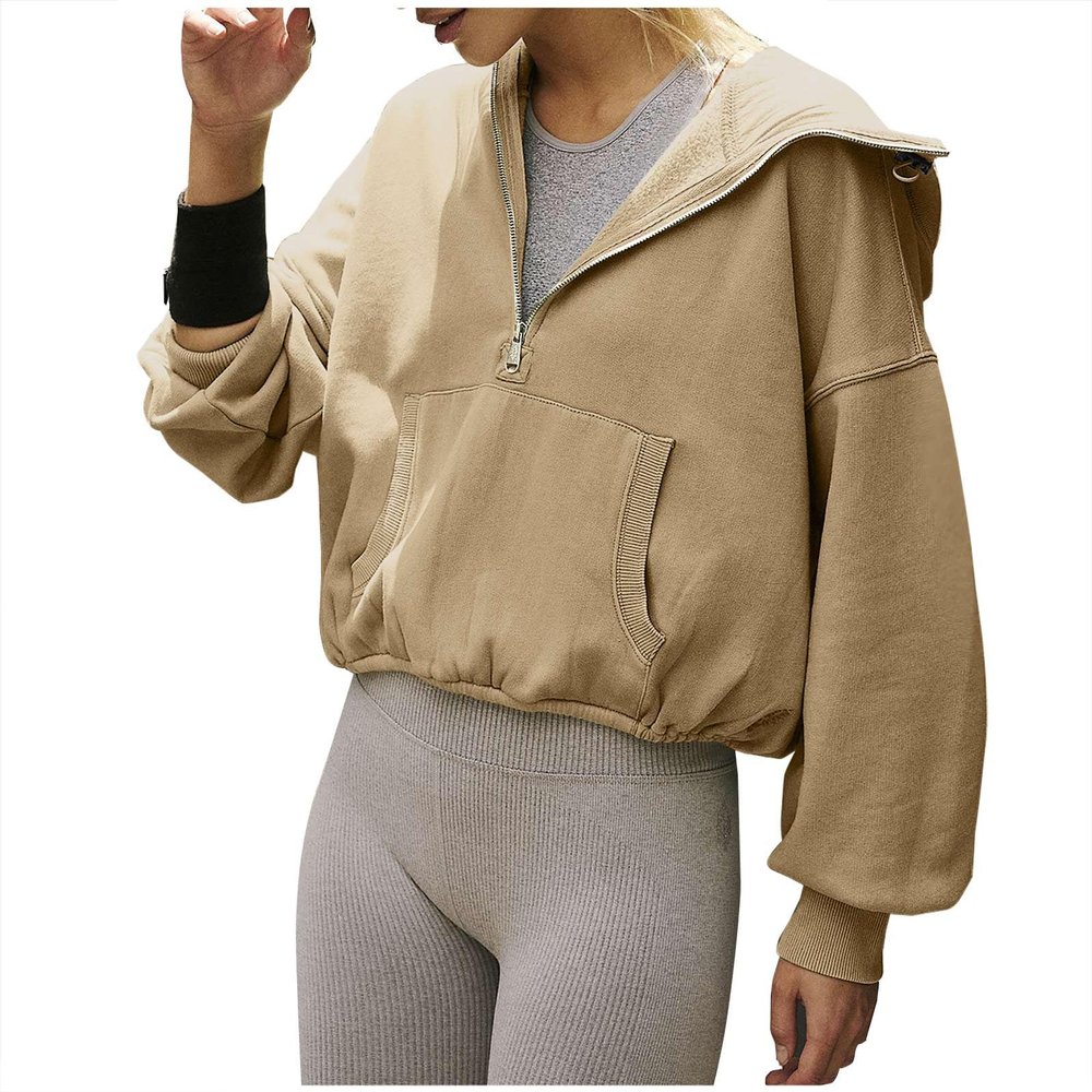 Women Fashion Half Zip Sweatshirts Cropped Hoodies Fleece Pullover Quarter Zip Workout Y2k Teen Girls Casual Tops 2023 Khaki