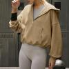 Women Fashion Half Zip Sweatshirts Cropped Hoodies Fleece Pullover Quarter Zip Workout Y2k Teen Girls Casual Tops 2023 Khaki view 2