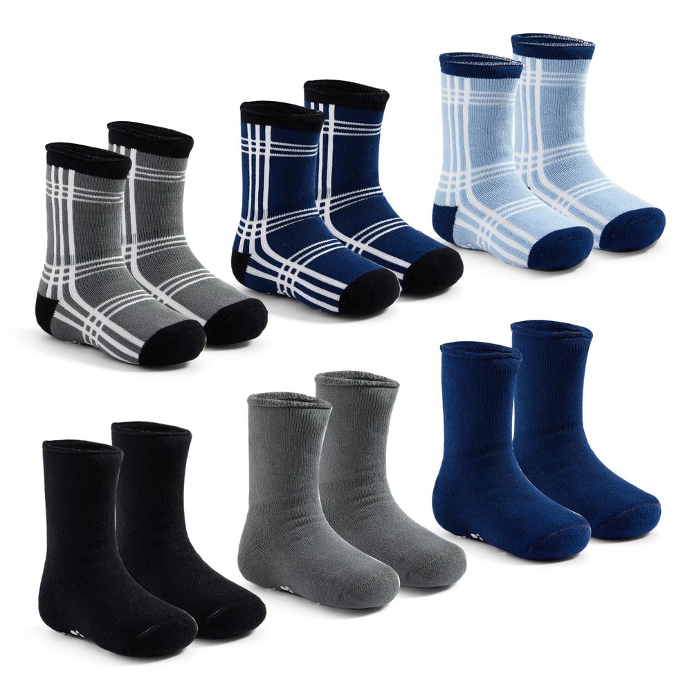 Lollisy Toddler Non Slip Winter Socks - Thick Warm Socks with Grips for Toddler Boys & Girls - 6 Pack Blue Plaids 2T-4T