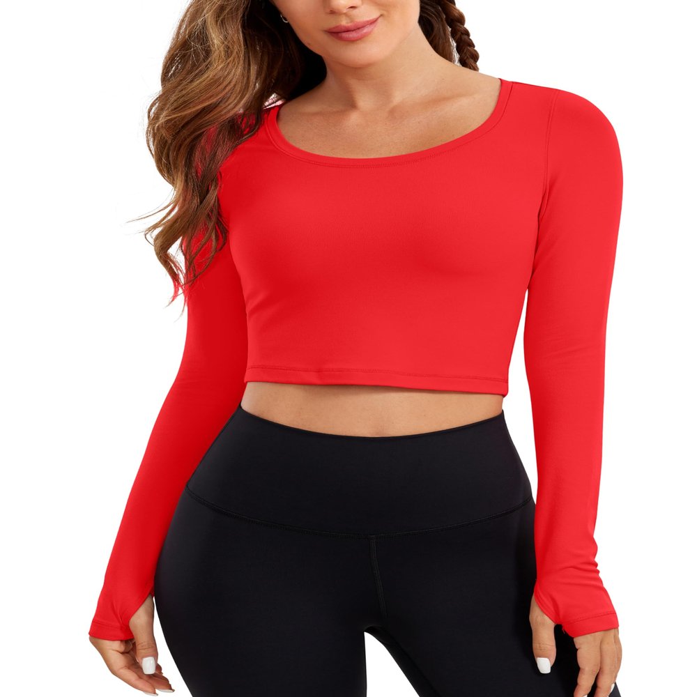 CRZ YOGA Butterluxe Long Sleeve Crop Tops for Women Slim Fit Workout Shirts Cropped Athletic Gym T-Shirts Deep Red Small