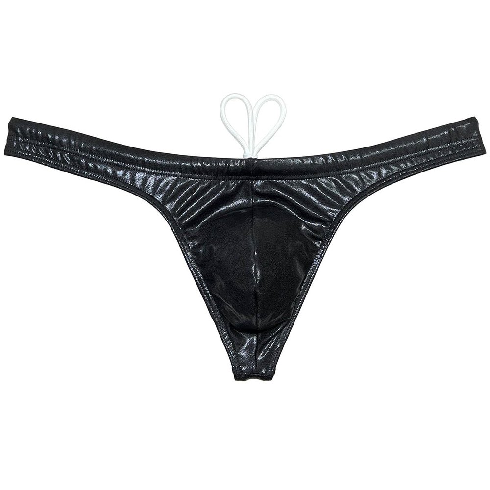 Botmois Men's Shiny Metallic Swimwear Male Pouch Swim Thong Drawstring Bathing Suit Bikini Board Surf Tangas Sport Swimsuits Shiny Black XL