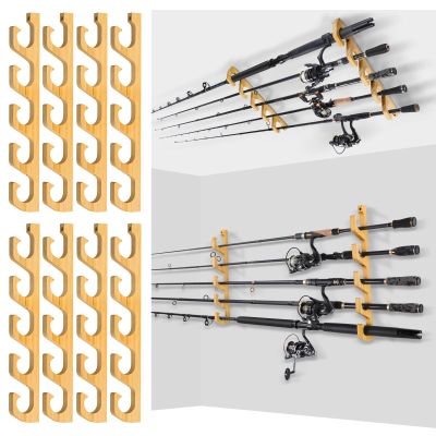 PLUSINNO H5W Horizontal Fishing Rod/Pole Holders for Garage, Wall or Ceiling Mounted Rack, Solid Wood Fishing Rod Holder Holds up to 5/10/20 Rods or Combos Fishing Gear, Gifts for Men