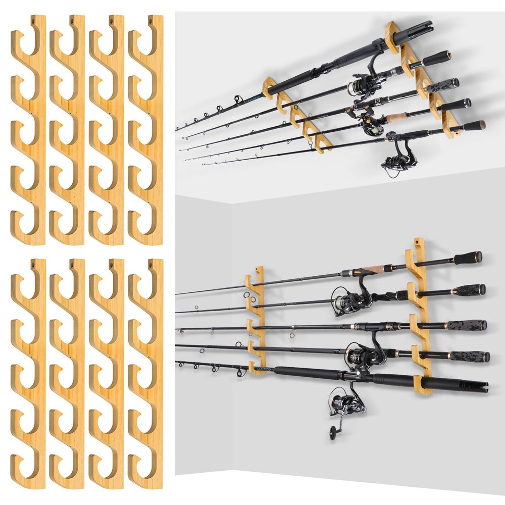 PLUSINNO H5W Horizontal Fishing Rod/Pole Holders for Garage, Wall or Ceiling Mounted Rack, Solid Wood Fishing Rod Holder Holds up to 5/10/20 Rods or Combos Fishing Gear, Gifts for Men