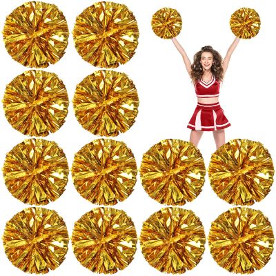 Deekin 12 Pcs Cheerleading Pom Poms Cheerleader Squad Spirited Fun Pompoms 12 Inch Metallic Foil Cheer Pom Poms with Handle Flowers for Sport Team Dance Costume Party 50g Weight Each(Gold)
