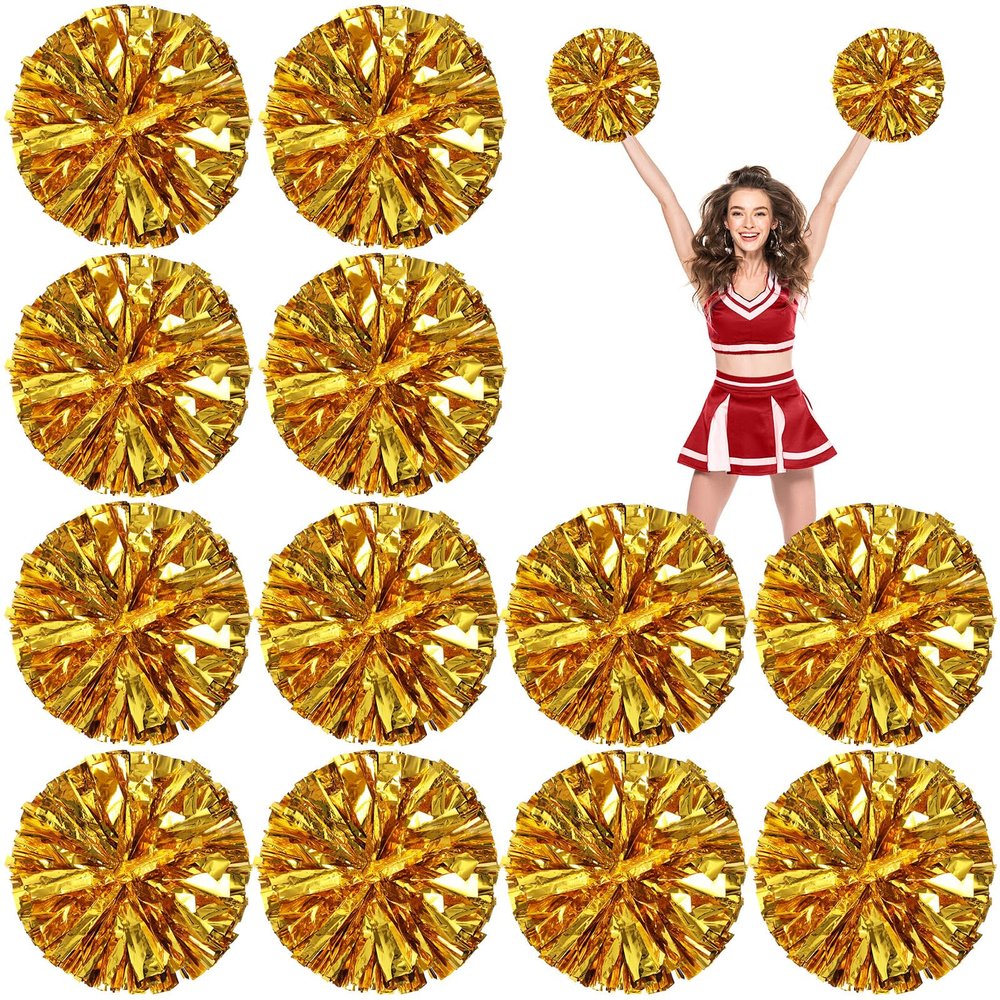 Deekin 12 Pcs Cheerleading Pom Poms Cheerleader Squad Spirited Fun Pompoms 12 Inch Metallic Foil Cheer Pom Poms with Handle Flowers for Sport Team Dance Costume Party 50g Weight Each(Gold)