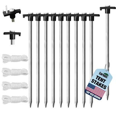 Eurmax USA 10-Pack Secure Protection Galvanized Tent Stakes,Rust-Proof Steel Canopy Anchors for High Winds,Heavy Duty Commercial Ground Pegs for Camping,Pop Up Tents&Gazebos - Includes 4x10ft Ropes