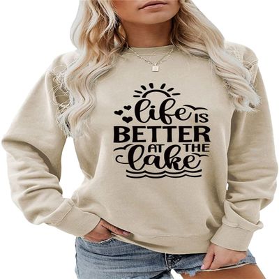 ESIKAH Life is Better at The Lake Sweatshirt Lake Life Sweatshirt for Women Women Funny Graphic Crewneck Pullover Tops Beige