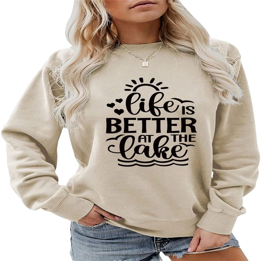 ESIKAH Life is Better at The Lake Sweatshirt Lake Life Sweatshirt for Women Women Funny Graphic Crewneck Pullover Tops Beige