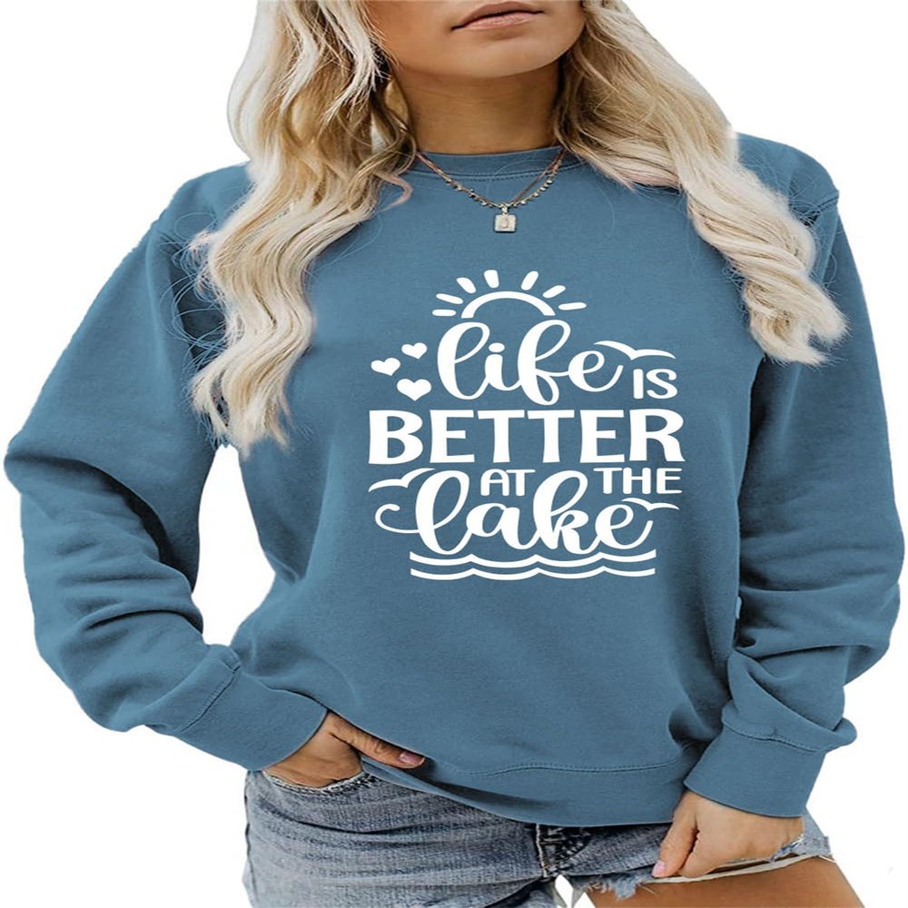 ESIKAH Life is Better at The Lake Sweatshirt Lake Life Sweatshirt for Women Women Funny Graphic Crewneck Pullover Tops Blue
