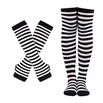SUNTRADE Womens Girls Cosplay Striped Knee High Socks Leg Arm Warmer Fingerless Gloves Set (Black-White)