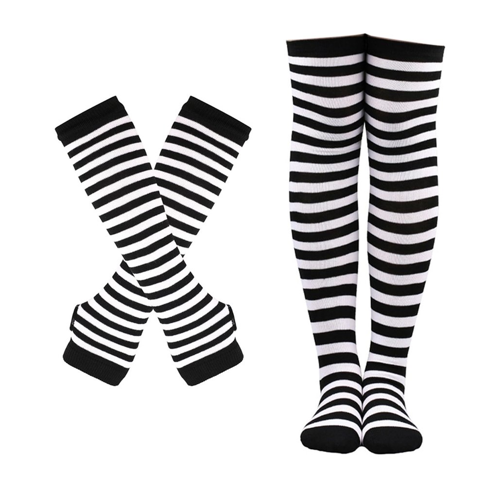 SUNTRADE Womens Girls Cosplay Striped Knee High Socks Leg Arm Warmer Fingerless Gloves Set (Black-White)