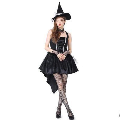 ODIZLI Witch Costume For Women Halloween Witch Cosplay Costumes High-low Hem Ruffle Dress Spaghetti Straps + Hat + Wristbands Dress Up Outfits Disfraces De Halloween Para Mujer Black M