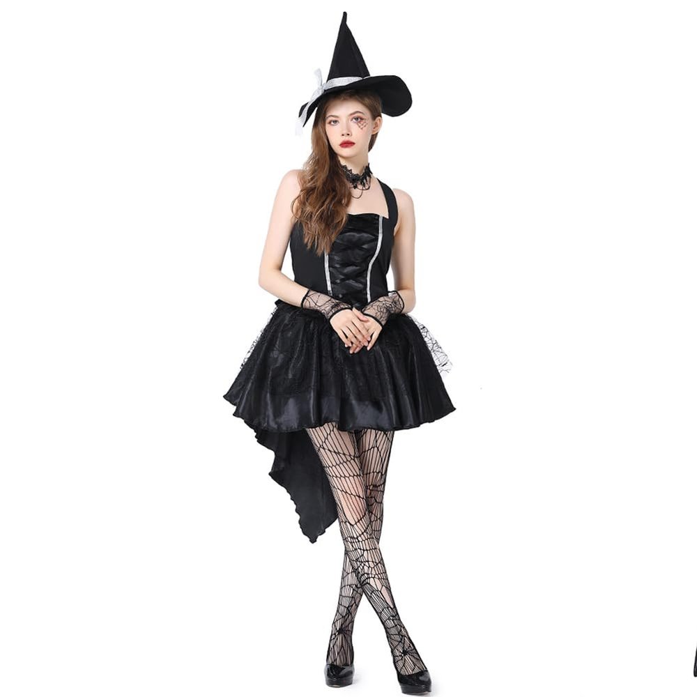ODIZLI Witch Costume For Women Halloween Witch Cosplay Costumes High-low Hem Ruffle Dress Spaghetti Straps + Hat + Wristbands Dress Up Outfits Disfraces De Halloween Para Mujer Black M