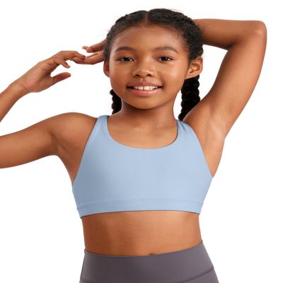 CRZ YOGA Girls Butterluxe Cross Back Sports Bra - Yoga Athletic Casual Tops Scoop Neck Padded Crop Kids Teen Cambric Blue Small
