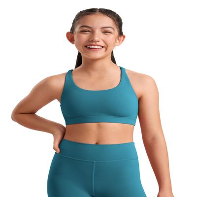 CRZ YOGA Girls Butterluxe Cross Back Sports Bra - Yoga Athletic Casual Tops Scoop Neck Padded Crop Kids Teen Borealis Green Small