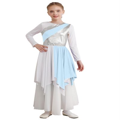 Shinsto Kids Girls Metallic Gold Color Block Long Sleeve Praise Dance Dress Worship Robe Liturgical Lyrical Costume D0085#LightBlue 10 Years