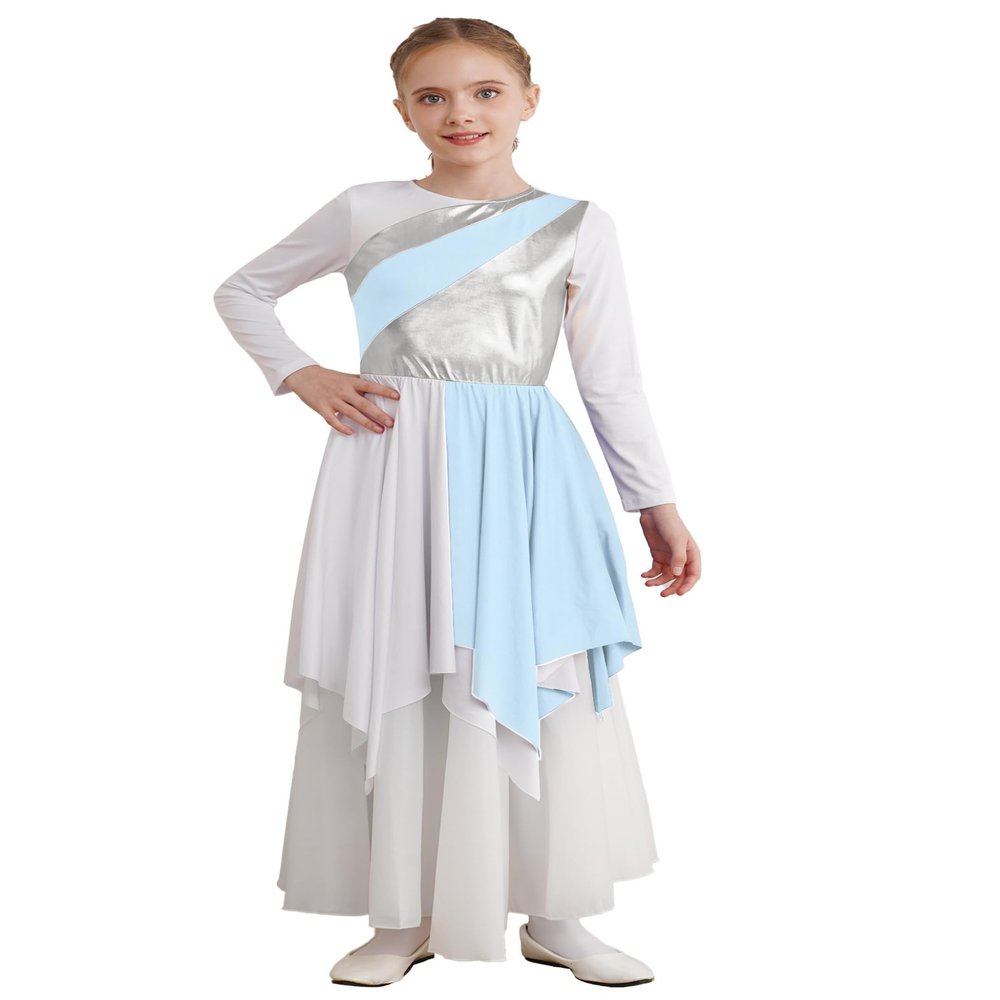 Shinsto Kids Girls Metallic Gold Color Block Long Sleeve Praise Dance Dress Worship Robe Liturgical Lyrical Costume D0085#LightBlue 10 Years