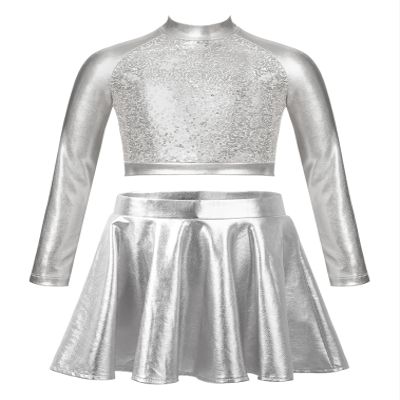 JEATHA Kids Girls Dance Outfits 2-Piece Party Dress Costume Shiny Sequin Crop Tops with Metallic Skirt Set Silver 10 Years