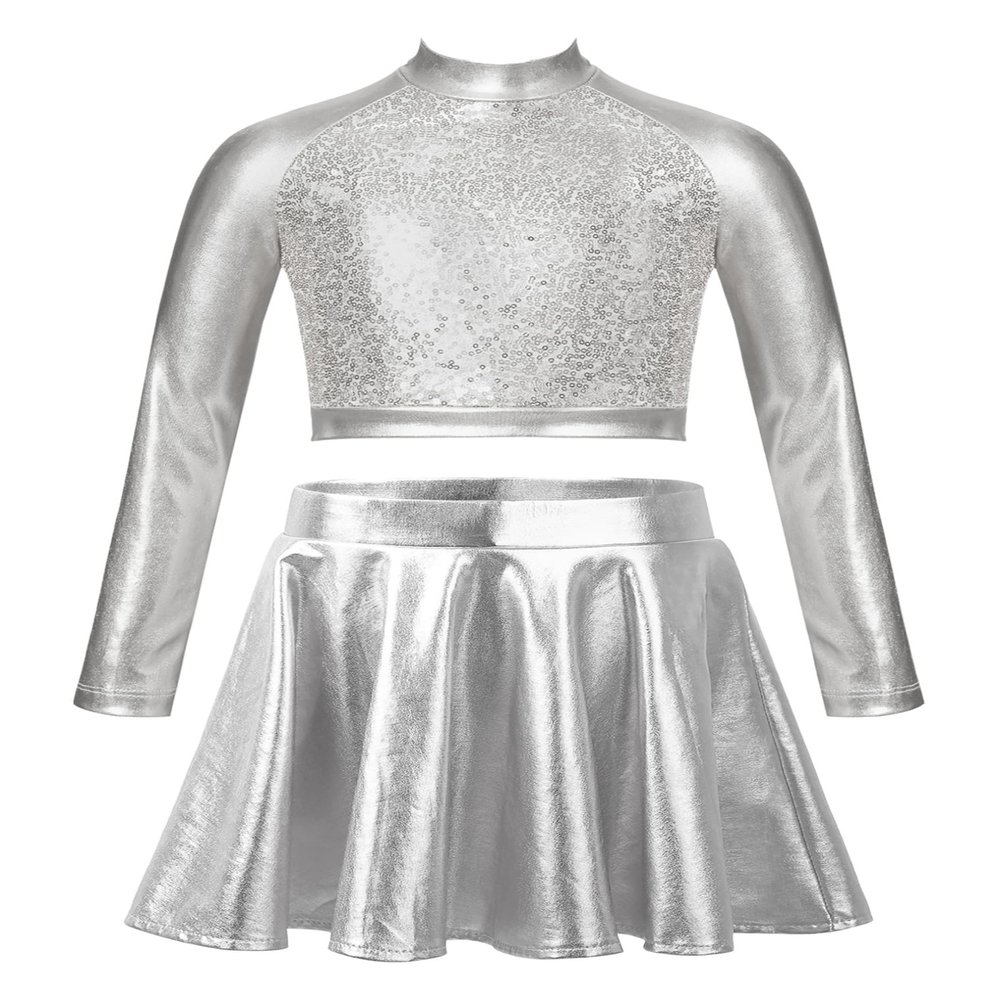 JEATHA Kids Girls Dance Outfits 2-Piece Party Dress Costume Shiny Sequin Crop Tops with Metallic Skirt Set Silver 10 Years