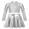 JEATHA Kids Girls Dance Outfits 2-Piece Party Dress Costume Shiny Sequin Crop Tops with Metallic Skirt Set Silver 10 Years view 1