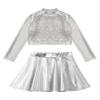 JEATHA Kids Girls Dance Outfits 2-Piece Party Dress Costume Shiny Sequin Crop Tops with Metallic Skirt Set Silver 10 Years view 3