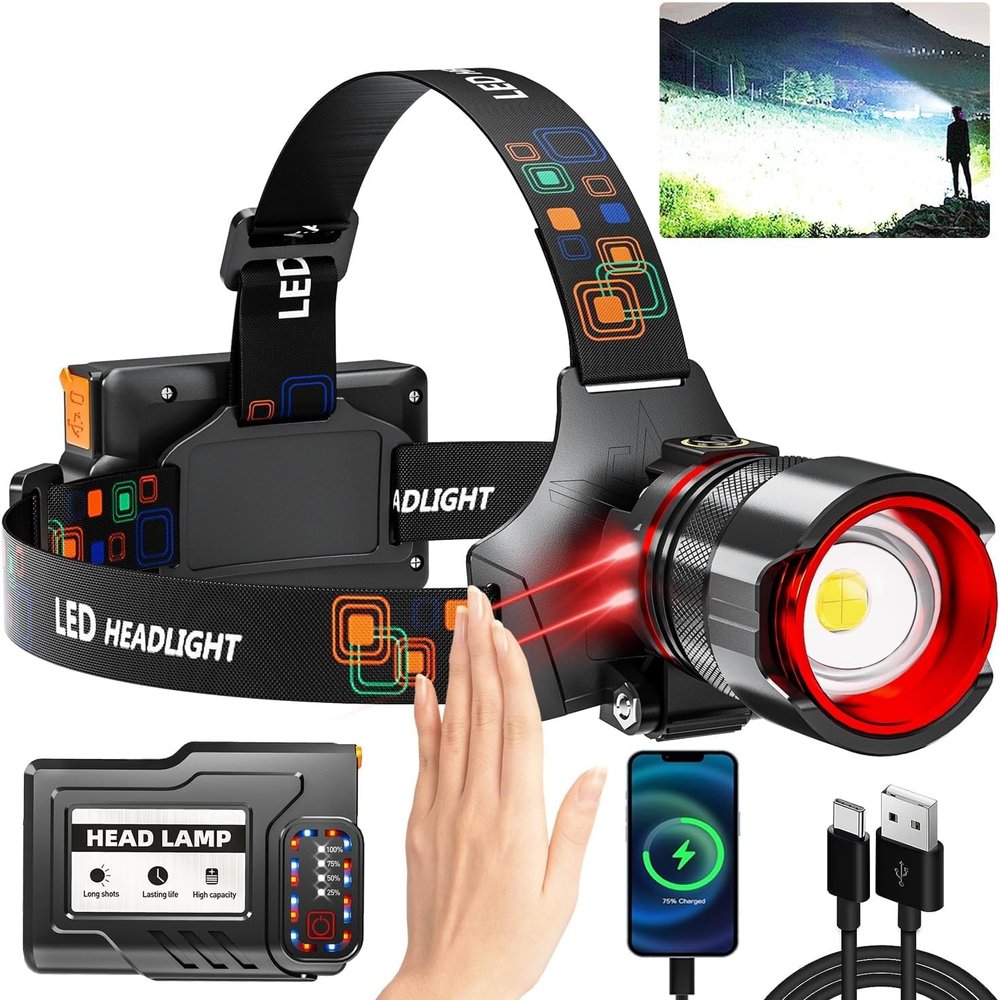 Rechargeable LED Headlamp 99000 High Lumens, Super Bright with 12 Modes & IPX7 Level Waterproof USB Rechargeable Zoom Headlight, 125 Adjustable for Outdoor Camping, Running, Cycling, Climbing, Home