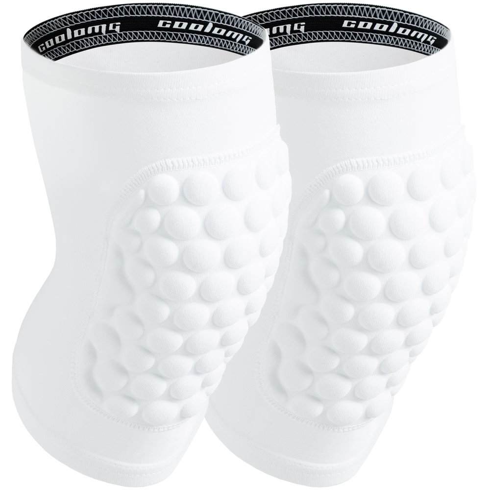 COOLOMG Basketball Knee Pad for Kids Youth Adult, Compression Anti-slip Knee Sleeve for Volleyball Football, Sports Knee Protector (1 Pair) White M