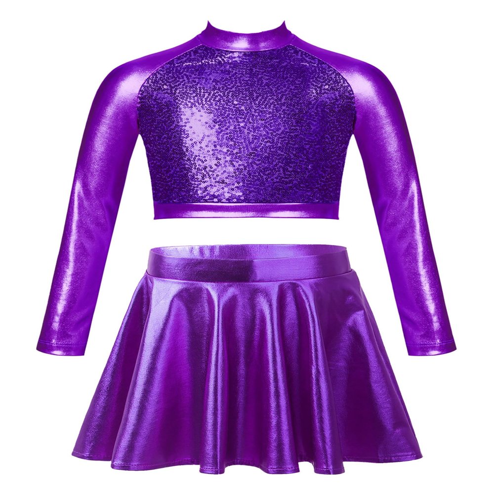 JEATHA Kids Girls Dance Outfits 2-Piece Party Dress Costume Shiny Sequin Crop Tops with Metallic Skirt Set Purple 14 Years