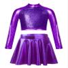 JEATHA Kids Girls Dance Outfits 2-Piece Party Dress Costume Shiny Sequin Crop Tops with Metallic Skirt Set Purple 14 Years view 1