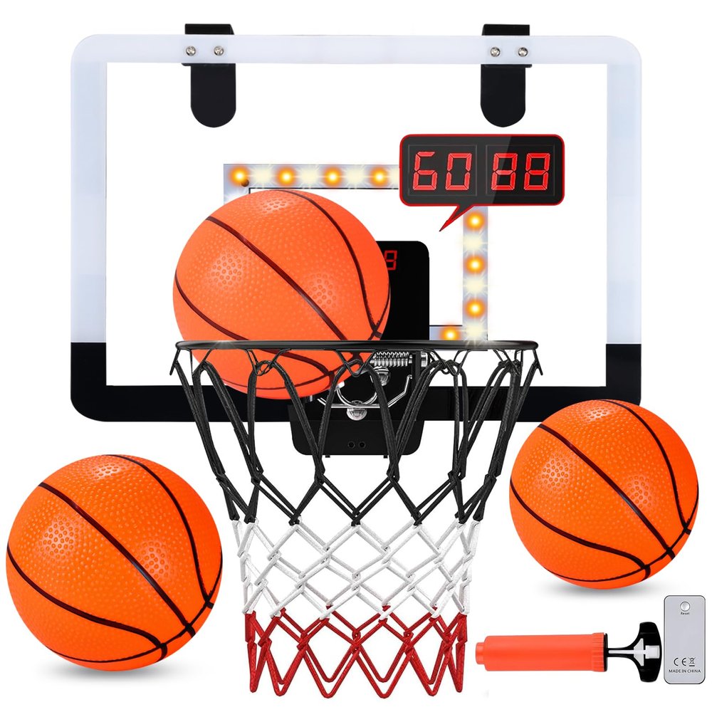 MejorChoy Indoor Wall-Mounted Basketball Hoop Set for Kids for Door Wall Room with 3 Balls Electronic Scoreboard and Sounds, with LED Lights