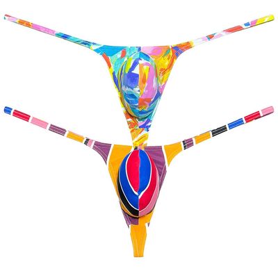 Botmois Sexy Men Spandex G-String Thong Underwear Male Contour Pouch Swim Bikini Sports Posing Tangas Mini T-back 2-Pack(YE Oil Painting,Big Red Stripe) M