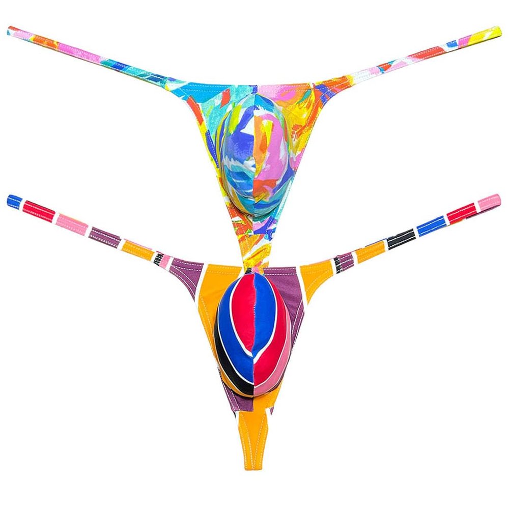 Botmois Sexy Men Spandex G-String Thong Underwear Male Contour Pouch Swim Bikini Sports Posing Tangas Mini T-back 2-Pack(YE Oil Painting,Big Red Stripe) M