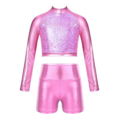 FEESHOW Kids Girls 2 Piece Metallic Ballet Dance Gymnastics Leotard Outfit Yourth Sequins Crop Top with Shorts Set Pink 8 Years