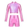 FEESHOW Kids Girls 2 Piece Metallic Ballet Dance Gymnastics Leotard Outfit Yourth Sequins Crop Top with Shorts Set Pink 8 Years view 1