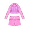 FEESHOW Kids Girls 2 Piece Metallic Ballet Dance Gymnastics Leotard Outfit Yourth Sequins Crop Top with Shorts Set Pink 8 Years view 3