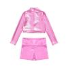 FEESHOW Kids Girls 2 Piece Metallic Ballet Dance Gymnastics Leotard Outfit Yourth Sequins Crop Top with Shorts Set Pink 8 Years view 4