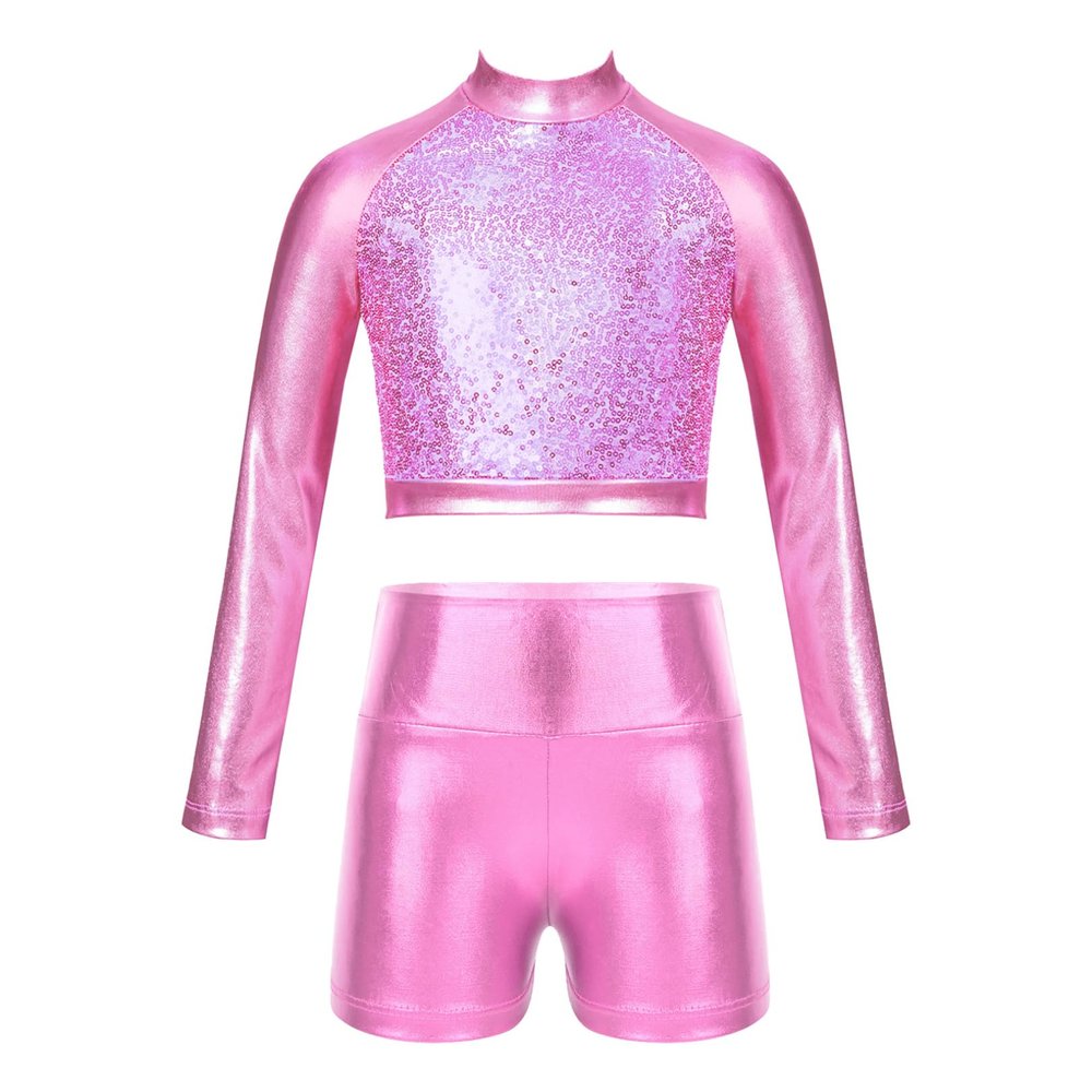 FEESHOW Kids Girls 2 Piece Metallic Ballet Dance Gymnastics Leotard Outfit Yourth Sequins Crop Top with Shorts Set Pink 14 Years