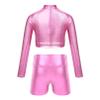 FEESHOW Kids Girls 2 Piece Metallic Ballet Dance Gymnastics Leotard Outfit Yourth Sequins Crop Top with Shorts Set Pink 14 Years view 2