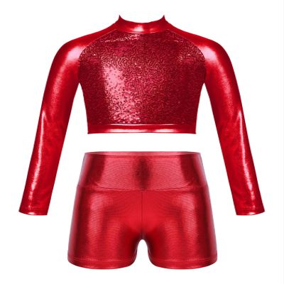 FEESHOW Kids Girls 2 Piece Metallic Ballet Dance Gymnastics Leotard Outfit Yourth Sequins Crop Top with Shorts Set Red 6 Years