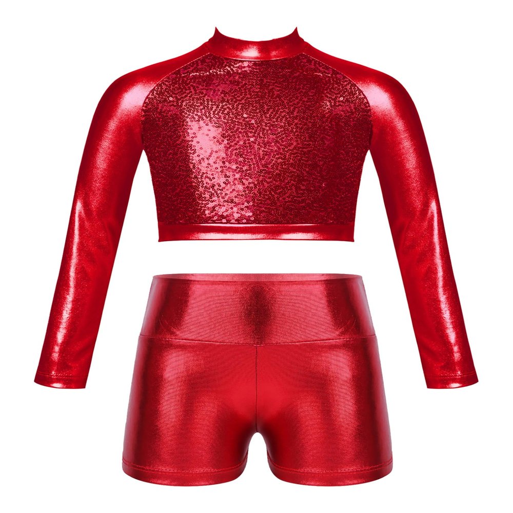 FEESHOW Kids Girls 2 Piece Metallic Ballet Dance Gymnastics Leotard Outfit Yourth Sequins Crop Top with Shorts Set Red 6 Years