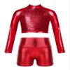 FEESHOW Kids Girls 2 Piece Metallic Ballet Dance Gymnastics Leotard Outfit Yourth Sequins Crop Top with Shorts Set Red 6 Years view 1