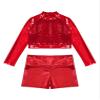 FEESHOW Kids Girls 2 Piece Metallic Ballet Dance Gymnastics Leotard Outfit Yourth Sequins Crop Top with Shorts Set Red 6 Years view 3